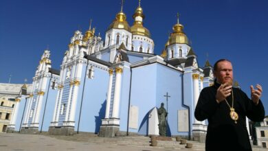 A cleric outside St. Michaels Monastery in Kyiv the seat of the independent Orthodox Church of Ukrai