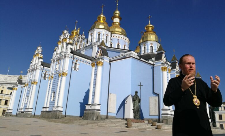 A cleric outside St. Michaels Monastery in Kyiv the seat of the independent Orthodox Church of Ukrai